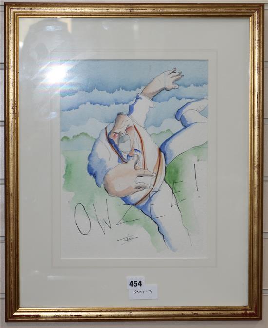 Tim Bulmer, ink and watercolour, cricketing cartoon Owzee! 34 x 26cm